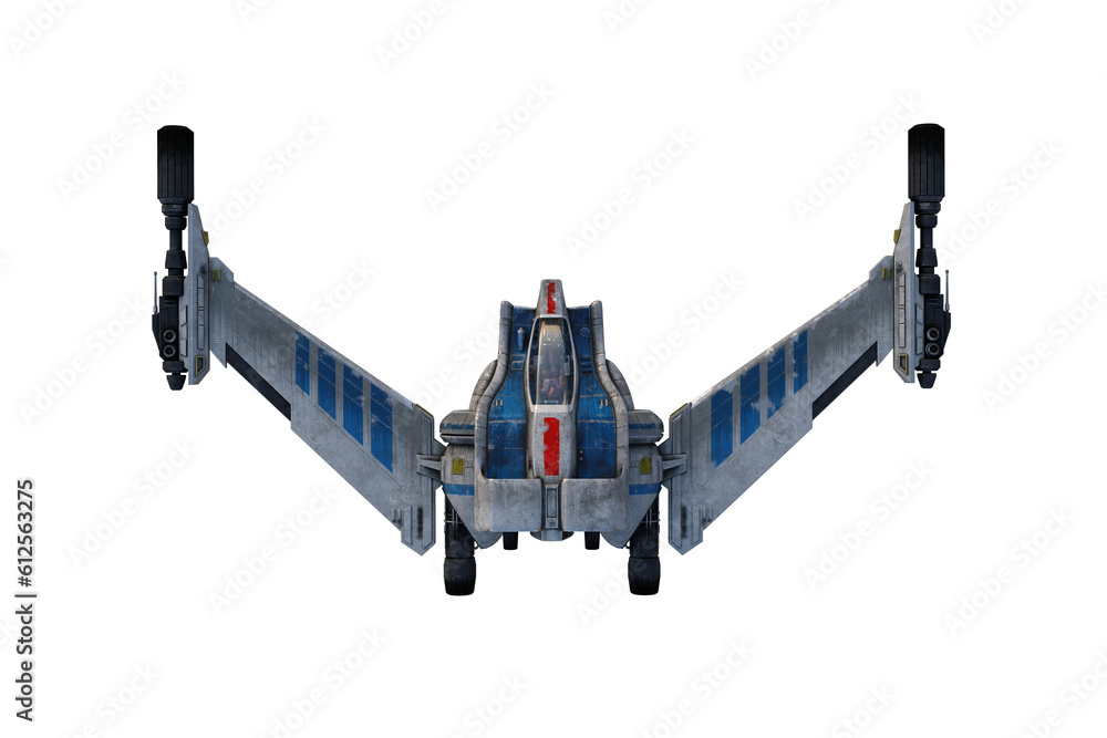 Poster futuristic science fiction fantasy space ship viewed from above. isolated 3d rendering.
