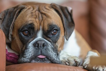 Closeup shot of a brown boxer dog lying down and relaxing