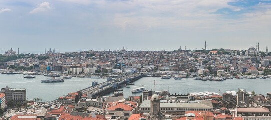 Panoramic view of a cityscape of Istanbul, Turkey, in The Bosphorus on a cloudy day