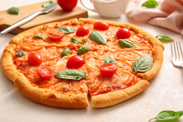 Tasty pizza margarita on white background