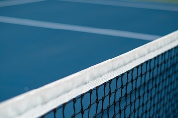 Closeup of a tennis net on the court on a sunny day with a blurry background