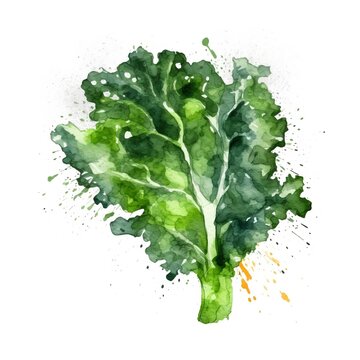 Fresh Organic Kale Vegetable Watercolor Square Background. Healthy Vegetarian Diet. Ai Generated, Drawn With Paint Splashes On White Background Delicious Juicy Kale Vegetable. Generative AI