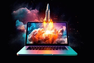 Illustration of rocket coming out of computer or laptop. Generative AI