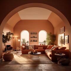 Modern living room design. Arches and Curves theme with brown color.