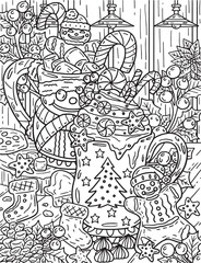 Fototapeta na wymiar Christmas Hot Cocoa Coloring Page for Adults