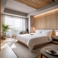Modern bedroom. Light brown color theme. Bamboo design.