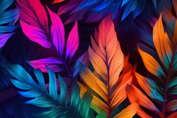 Creative fluorescent color layout made of tropical leaves. Flat lay neon colors. Nature concept. | Generative AI 