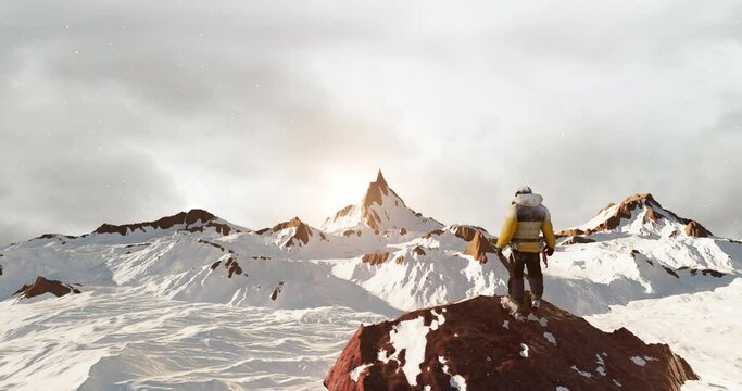 Beyond the Clouds: A Mountain Climber's Exhilarating Achievement at the Summit. Concept 3D CG Animation.