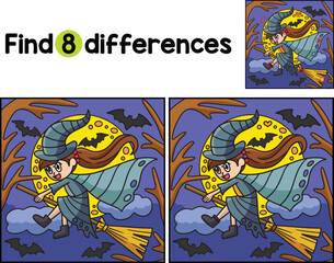 Witch Riding Broom Halloween Find The Differences
