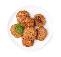 Plate with cutlets and dill on white background