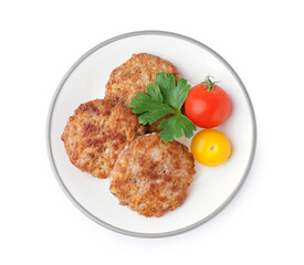Plate with cutlets, parsley and tomatoes on white background