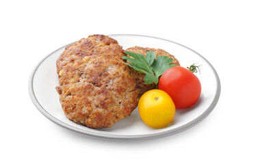 Plate with cutlets, parsley and tomatoes on white background