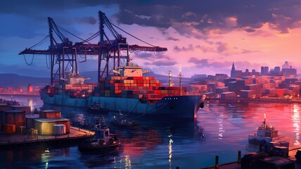 Dusk's Maritime Tapestry: Vibrant and High-Energy Port with Ships in Dock, Blending Photo-Realistic Landscapes with Cargopunk and Transportcore Aesthetics - obrazy, fototapety, plakaty