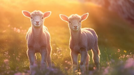Graceful Pursuit: Lambs in the Grass Chasing Ants, Portrayed with Lens Flare and Soft-Focus Neue Sachlichkeit Style, in Light Pink and Amber Tones