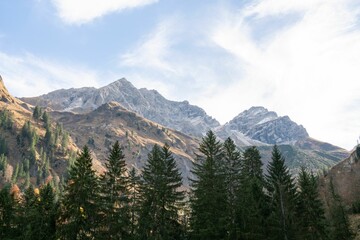 Obraz premium Aerial view of lush green and colorful trees and steep rocky mountains in Oberstdorf, Germany