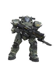 Futuristic soldier wearing a powered combat suit and holding a large rifle with bayonet. Isolated 3D rendering.