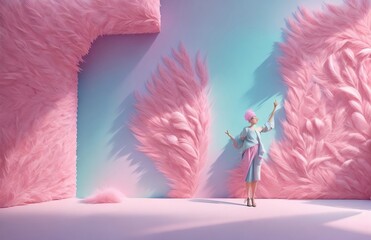 Place with soft feather background, 3d rendering, pink background, minimalist, made witch generative AI