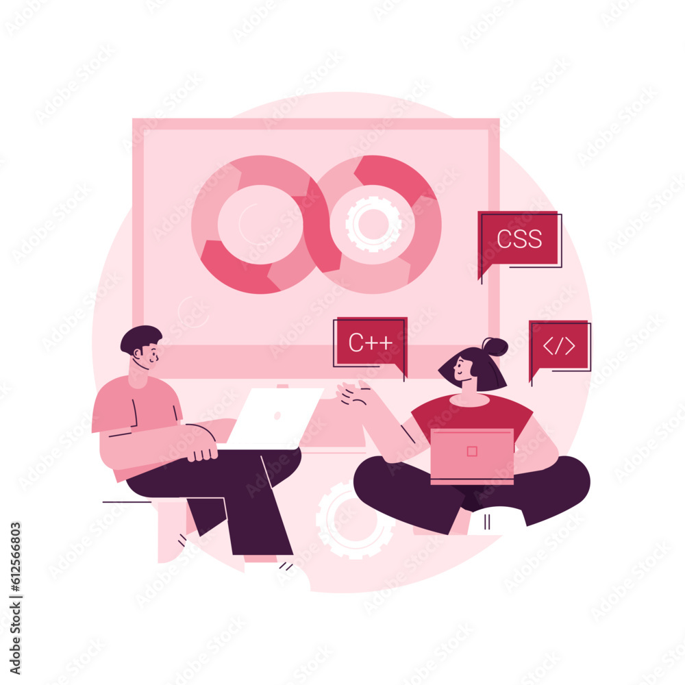 Poster devops team abstract concept vector illustration. software development team member, agile workflow, 