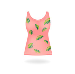 Women's T-shirt 3d icon, summer clothing. T-shirt with leafy prints. Bright icon. Vector illustration.