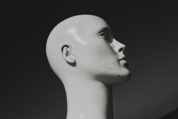 White mannequin head displayed with the dark background
