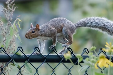 Brown squirrel perching on fence