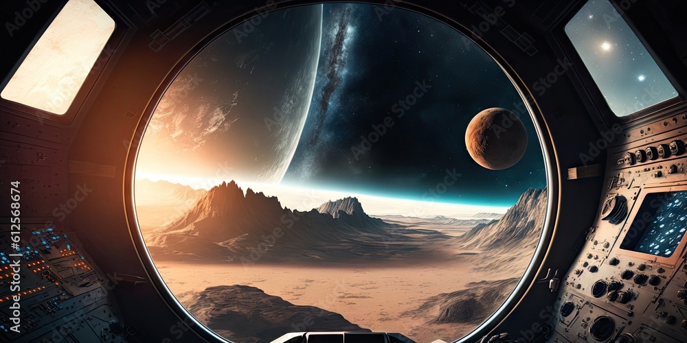 Aufkleber spaceship dark interior with view on distant planets solar system. generative ai aig15.