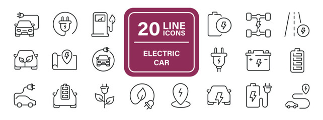 Electric car line icons. Editable stroke. For website marketing design, logo, app, template, ui, etc. Vector illustration.