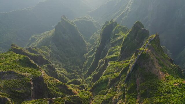 Aerial view of rocky green mountains on Madeira Island