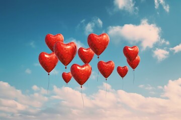 Naklejka na ściany i meble Watercolor heart balloons against blue sky for Valentine's Day. Generative AI