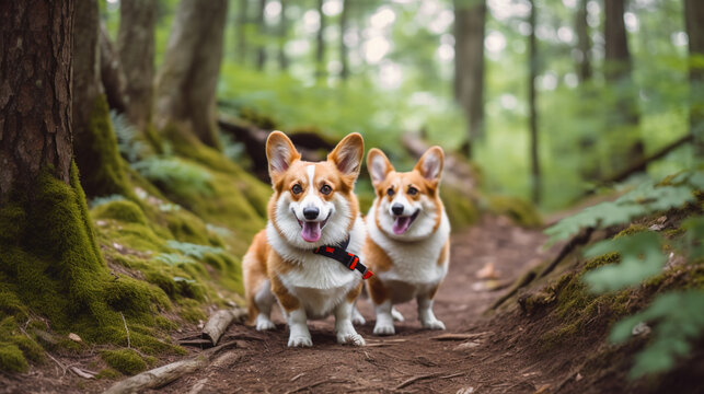 Corgi Dogs Enjoy a Dog Walk Through the Woods Surrounding by Large Trees, Moss, and Grass on a Dirt Path - Generative AI