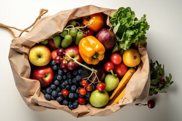 Fototapeta na wymiar A top-down view of a grocery bag filled with wholesome produce, isolated on a white background. Generative AI
