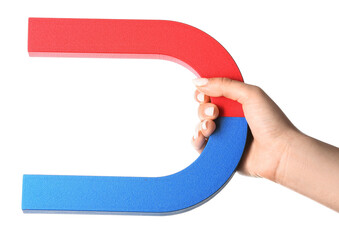 Female hand with big magnet isolated on white background