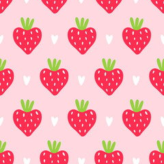 Cute summer pattern with strawberries and hearts. Vector template. For textile, wallpaper, paper, packaging, digital illustration.