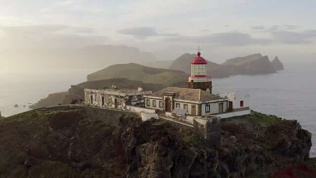 Drone shot of Ponta de Sao Lourenco lighthouse with seascape view