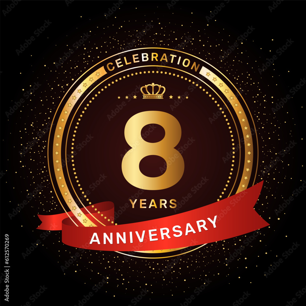 Wall mural 8th anniversary celebration logo design with a golden ring and red ribbon concept, vector template