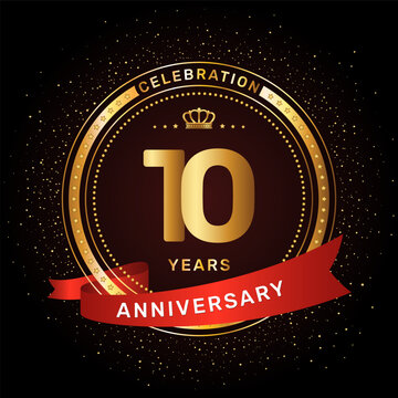 10th anniversary celebration logo design with a golden ring and red ribbon concept, vector template