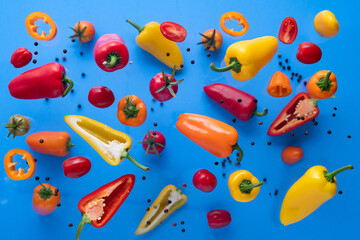 Falling bell pepper and tomatoes on blue background. Flying colorful pieces of sweet peppers, spices and tomato. Vegetable pattern for packaging design. Health food.