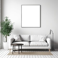 Modern Minimalist Scandinavian Design -- Home Furniture in a White Living Room with a Blank Picture Frame Mockup on the Wall. Generative AI
