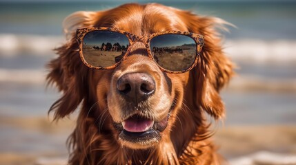 Beautiful portrait of a dog wearing sunglasses at the beach. Created with Generative AI technology.