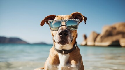 Naklejka na ściany i meble Beautiful portrait of a dog wearing sunglasses at the beach. Created with Generative AI technology.