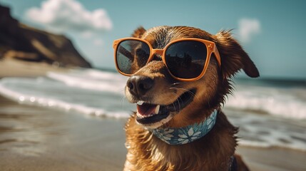 Beautiful portrait of a dog wearing sunglasses at the beach. Created with Generative AI technology.