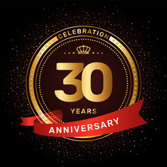 30th anniversary celebration logo design with a golden ring and red ribbon concept, vector template