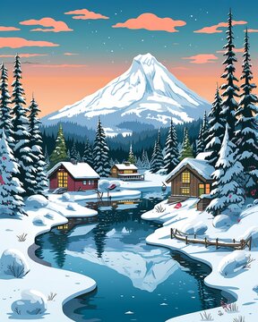 Snowy Mountain River Cabin Vibrant Cartoon Oregon Future Puddle Milk Absolute Peace Quiet Side Profile Background, Generative Ai