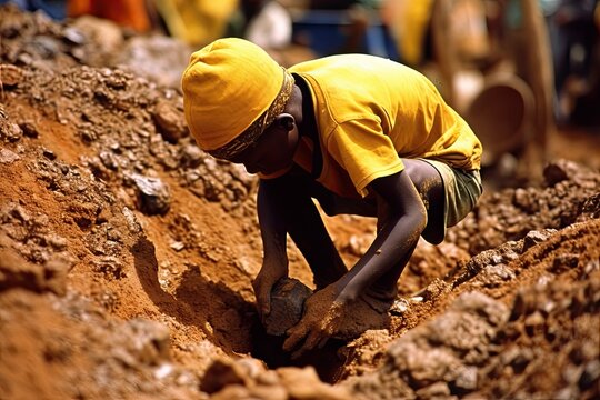 The Grim Reality Of Child Labour: Small African Boy Digging In A Mine For Natural Resources, Generative AI