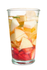 Glass of infused water with different sliced fruits on white background