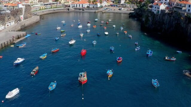 Aerial view of boats on the harbor of Camara de Lobos, Madeira Island, Portugal