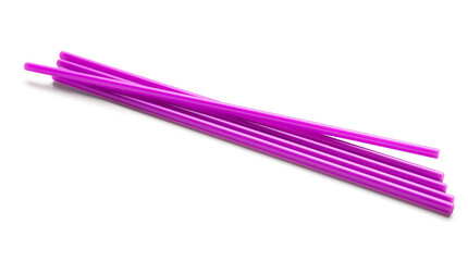 Purple plastic straws on white background