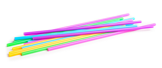 Different plastic straws on white background