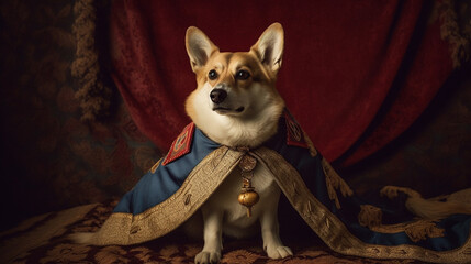 A Corgi Dog Poses for a Portrait as They Wear a Regal Costume Imitating a Historical Monarch or Figure - Generative AI