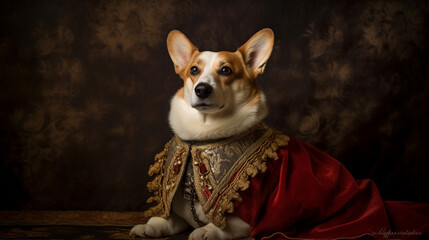 A Corgi Dog Poses for a Portrait as They Wear a Regal Costume Imitating a Historical Monarch or Figure - Generative AI